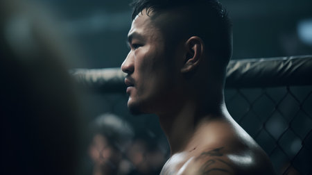 Portrait of a fighter in the corner of a boxing ring.の素材