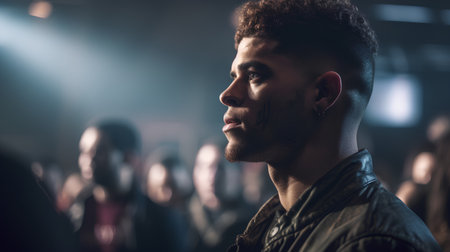 Portrait of a handsome young man in a leather jacket on a blurred backgroundの素材