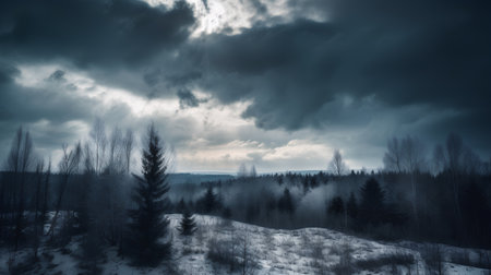 winter landscape with snow-covered forest and dark clouds in the skyの素材