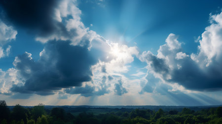 Dramatic sky with clouds and sun rays. Nature background.の素材