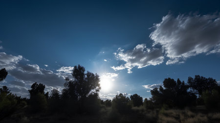 Sunset in the prairie with clouds and trees in the foregroundの素材
