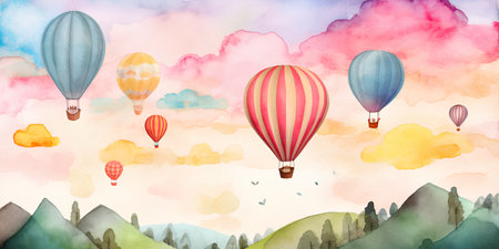 Watercolor landscape with hot air balloons in the sky. Hand painted illustrationの素材