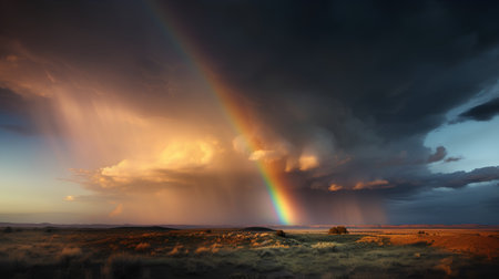Rainbow over the field. Dramatic sky. Conceptual imageの素材