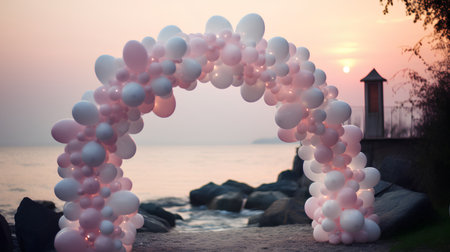 wedding arch on the beach at sunset, pink and white balloonsの素材
