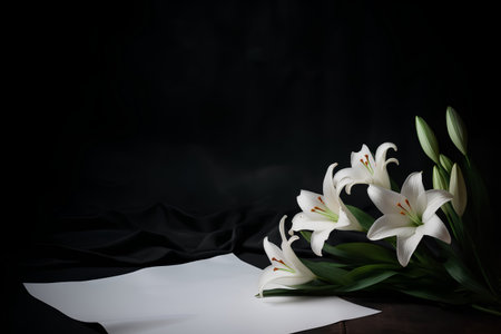 White lilies on a black background. Place for your text.の素材
