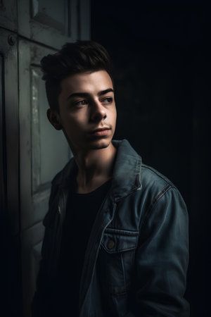 Portrait of a handsome young man in jeans jacket. Men's beauty, fashion.の素材