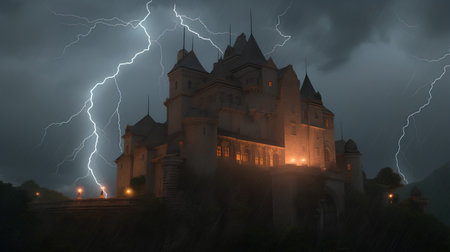 Castle on the hill at night with lightning, 3d renderingの素材