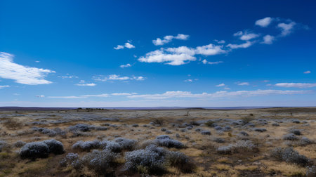 Landscape of dry grassland under blue sky with white clouds.の素材