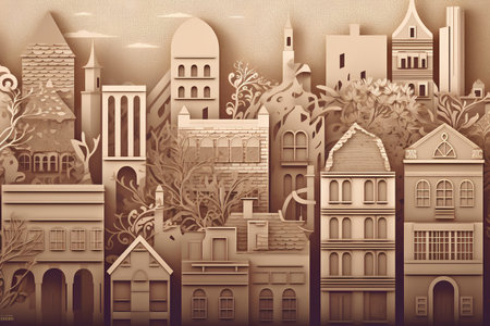 Vintage style illustration of a cityscape with houses and trees.の素材
