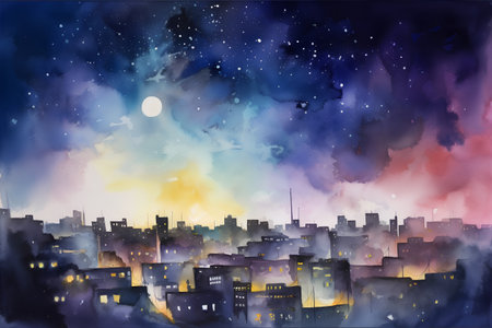 Night cityscape. Hand drawn watercolor illustration for your design.の素材