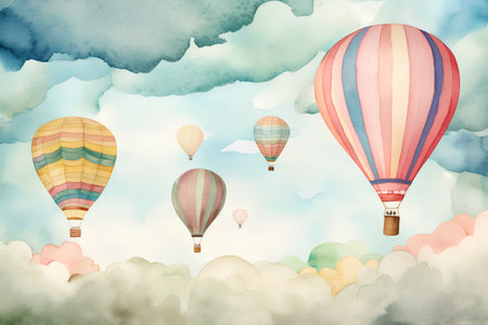 Watercolor seamless pattern with hot air balloons and clouds. Hand drawn illustration.の素材