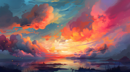 Fiery sunset on the lake. Fire in the sky. Vector illustrationの素材