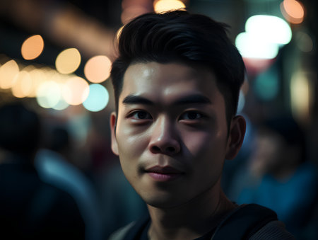 Portrait of a young Asian man in the city at night.の素材