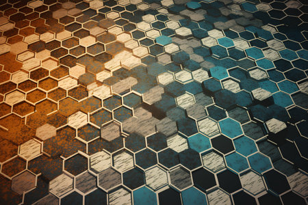 abstract grunge background with hexagons in brown and blue colorsの素材