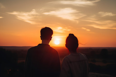 Silhouette of young couple in love on the background of sunsetの素材