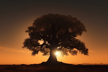 Old oak tree at sunset, 3d render, square image.の素材