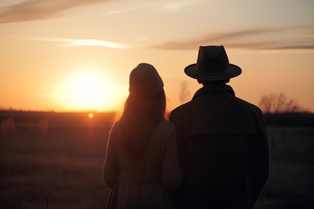 silhouette of young couple at sunset in the field, back viewの素材