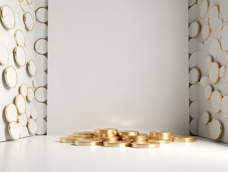 3d render, abstract background with gold coins, podiums.の素材