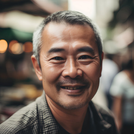 Portrait of a senior Asian man smiling at the camera in the city.の素材