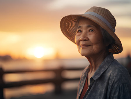 Portrait of an elderly asian woman in a hat at sunsetの素材