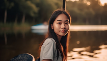 Portrait of a beautiful young asian woman sitting on a boat at sunsetの素材