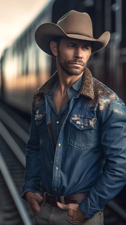 Portrait of a handsome man in cowboy hat and jeans jacket.の素材