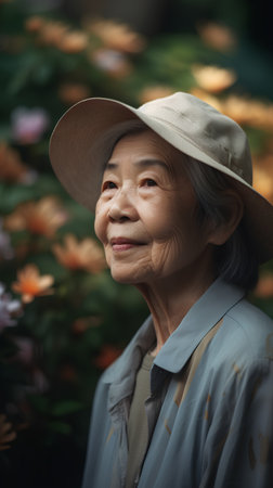 Happy asian senior woman wearing hat and smiling in the garden.の素材