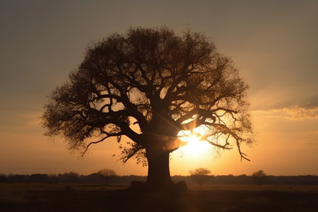 Silhouette of an acacia tree at sunset, South Africaの素材