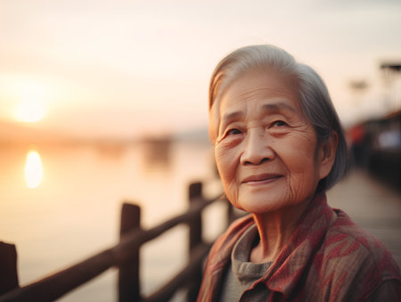 Portrait of asian senior woman looking at camera on sunset backgroundの素材