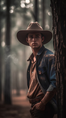 Portrait of a handsome young man wearing cowboy hat standing in the forest.の素材