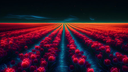 Tulip field at night with red flowers, 3d renderの素材