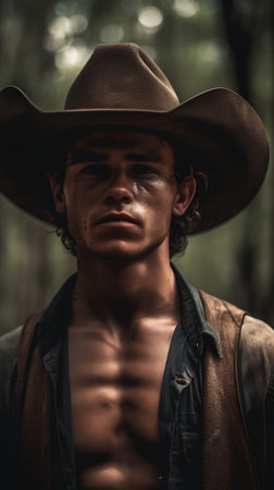 Portrait of a handsome cowboy in the forest. Men's fashion.の素材