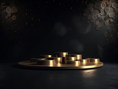 3d render of golden podium on black background with bokeh lightsの素材
