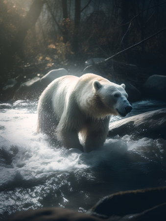 Polar bear on the river in winter forest. Toned.の素材