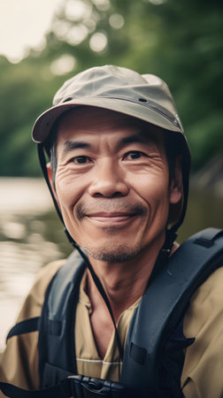 Portrait of a smiling senior asian man wearing a safety helmetの素材