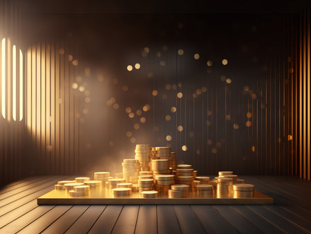 Golden coins on a wooden platform. 3d rendering. Bokeh background.の素材