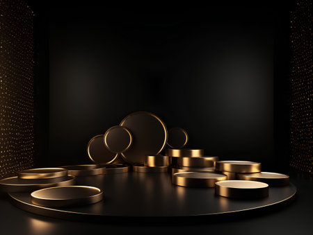 Abstract black background with golden podiums. 3d render, 3d illustrationの素材