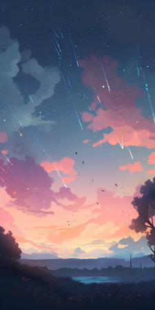 Beautiful sunset in the sky with stars and clouds. Vector illustration.の素材