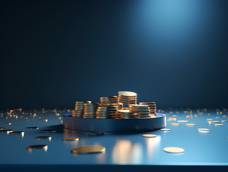 3d render of golden coins stack on blue background with light beamの素材