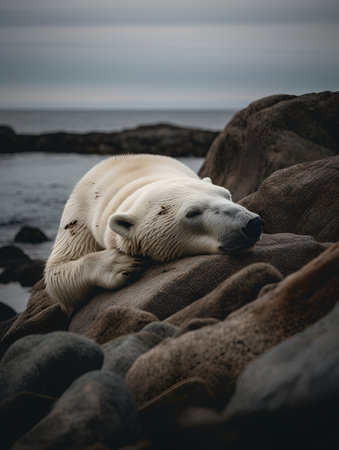 Polar bear (Ursus maritimus) lying on a rock by the seaの素材