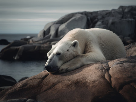 Polar bear (Ursus maritimus) lying on the rocks.の素材
