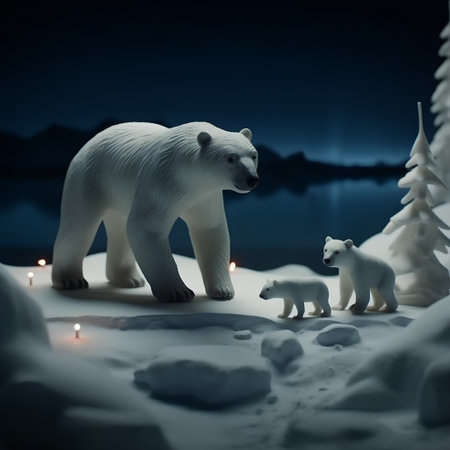 Polar bear family in the snow at night. 3d renderの素材
