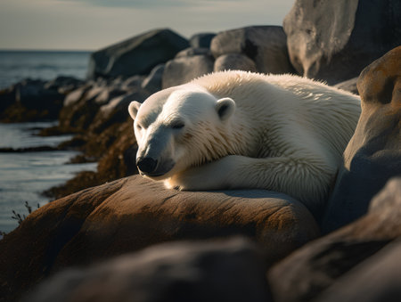 Polar bear (Ursus maritimus) resting on the rocks.の素材