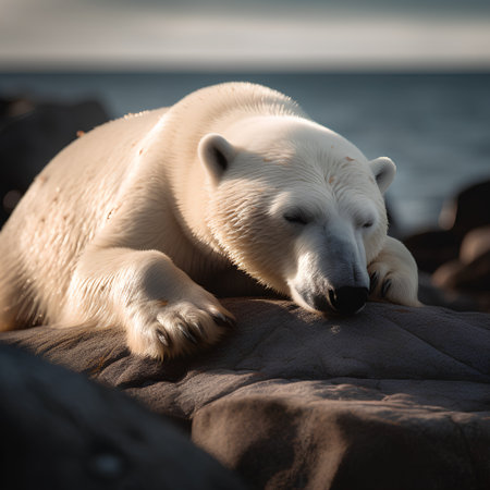 Polar bear (Ursus maritimus) sleeping on the rocks.の素材