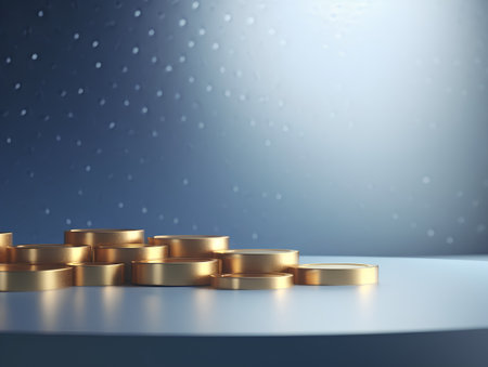3d render of golden pedestal or platform with raindrops on blue backgroundの素材