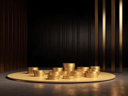 golden pedestal in the dark room, 3d render imageの素材