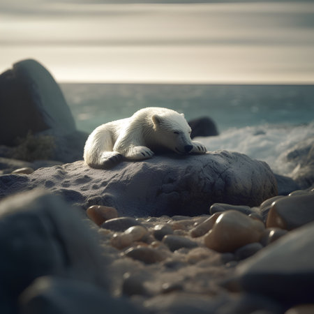 Polar bear (Ursus maritimus) on the beach at sunsetの素材