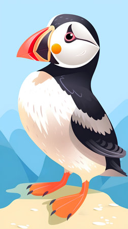 Puffin on the seashore. Vector illustration in cartoon styleの素材