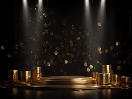 Golden podium on dark background with golden confetti. 3d renderの素材