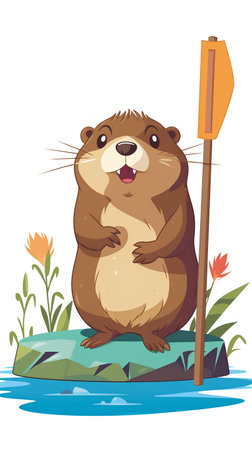 Cute groundhog sitting on a rock with a shovel. Vector illustrationの素材